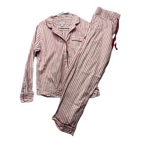 Petite Plume Women’s Medium 100% Cotton Pajama Set Red And White Stripe Long Slv